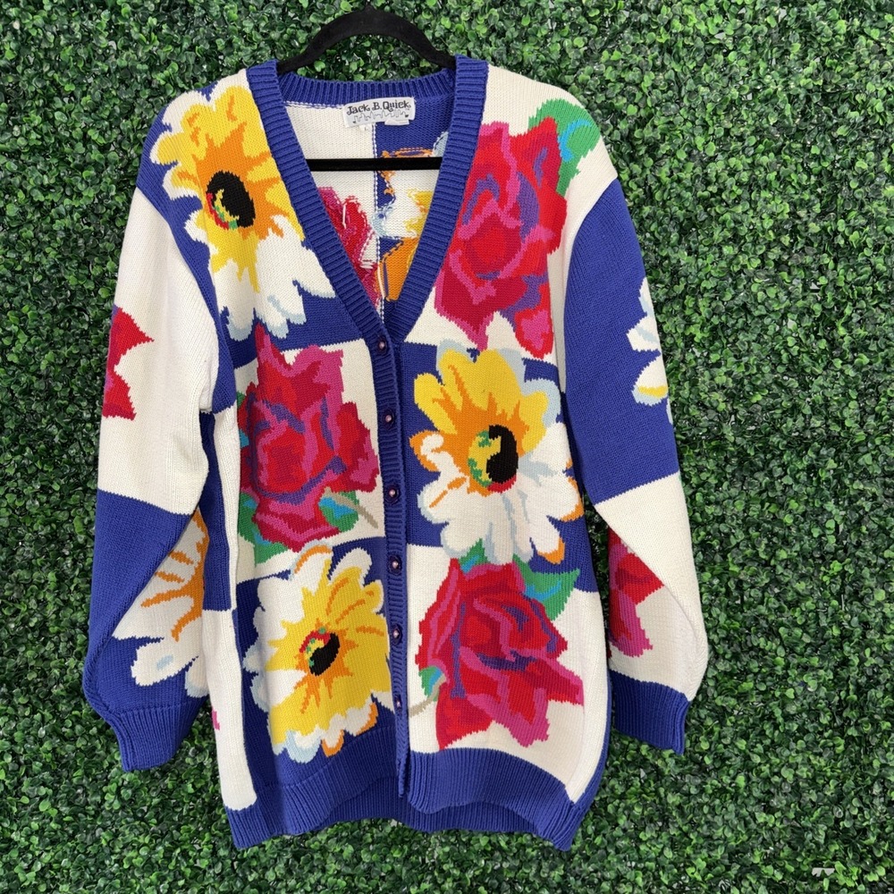 Vtg Jack B Quick Floral Knit Cardigan Size Large  Multicolor Button Front